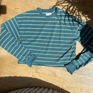 Joah Brown cropped green/light yellow striped distressed long sleeve
